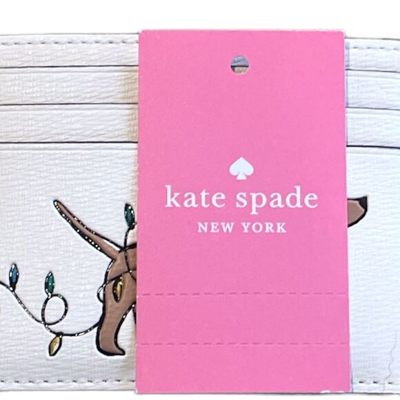 Kate Spade Small Slim Claude Dachshund Christmas Lights Card Case Wallet Cream - Picture 4 of 6